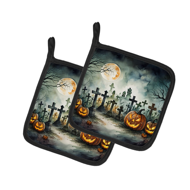 Graveyard Spooky Halloween Pair of Pot Holders