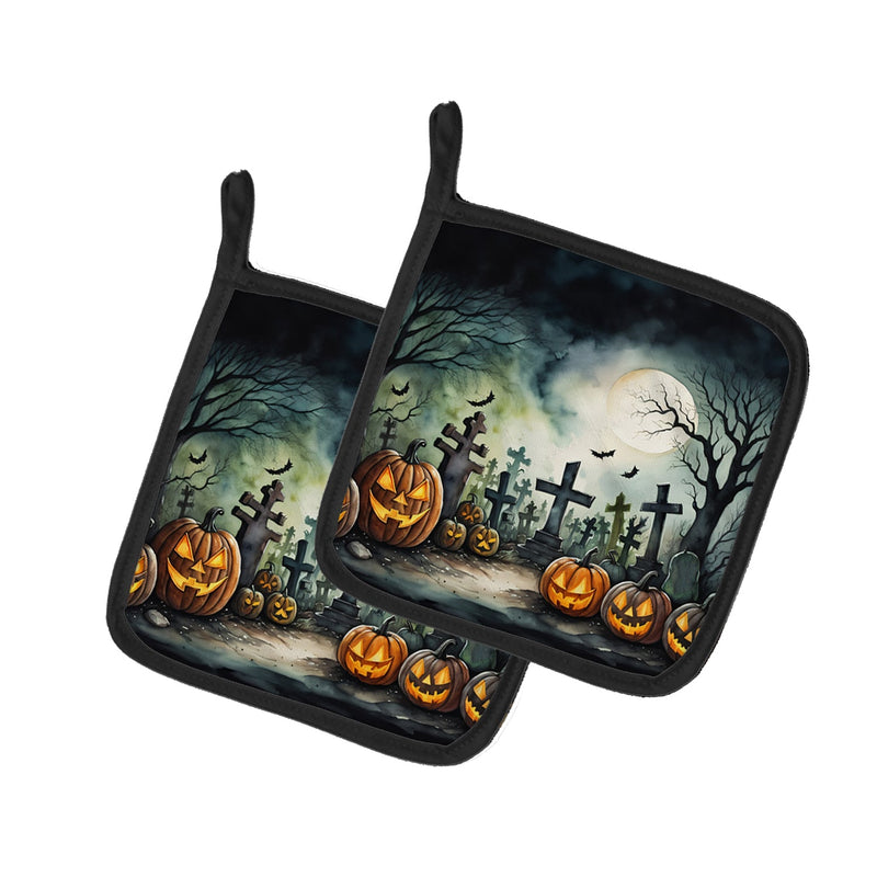 Graveyard Spooky Halloween Pair of Pot Holders