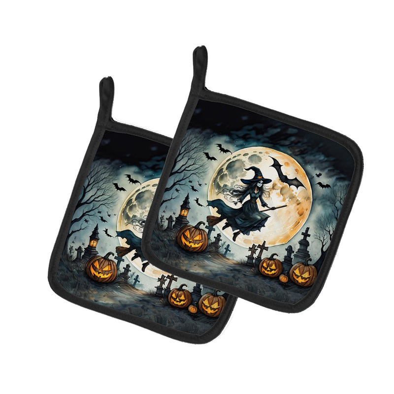 Flying Witch Spooky Halloween Pair of Pot Holders