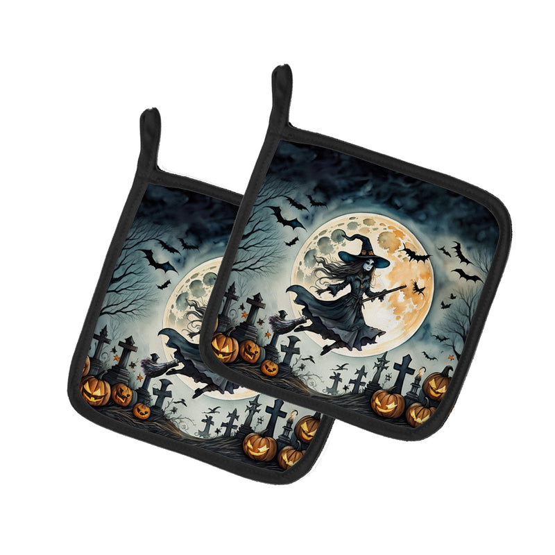 Flying Witch Spooky Halloween Pair of Pot Holders