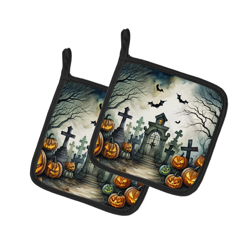 Graveyard Spooky Halloween Pair of Pot Holders