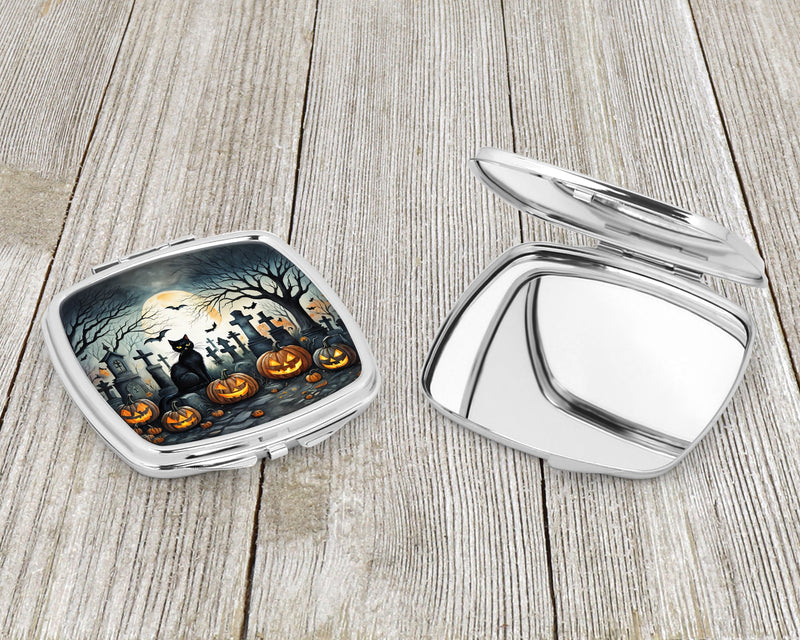 Black Cat Spooky Halloween Compact Mirror – Stylish Purse Mirror with Artistic Covers