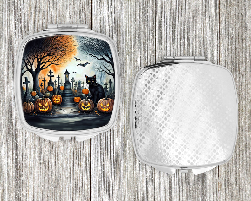 Black Cat Spooky Halloween Compact Mirror – Stylish Purse Mirror with Artistic Covers