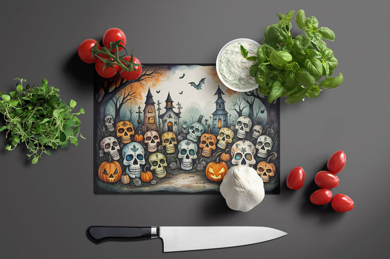 Calaveras Sugar Skulls Spooky Halloween Glass Cutting Boards – Durable, Decorative Kitchen Art Large