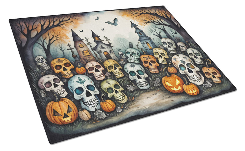 Calaveras Sugar Skulls Spooky Halloween Glass Cutting Boards – Durable, Decorative Kitchen Art Large