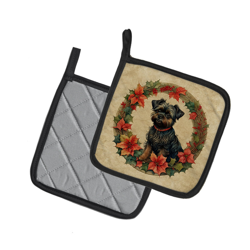 Affenpinscher Christmas Flowers Pair of Pot Holders