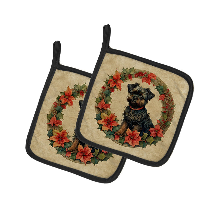 Affenpinscher Christmas Flowers Pair of Pot Holders