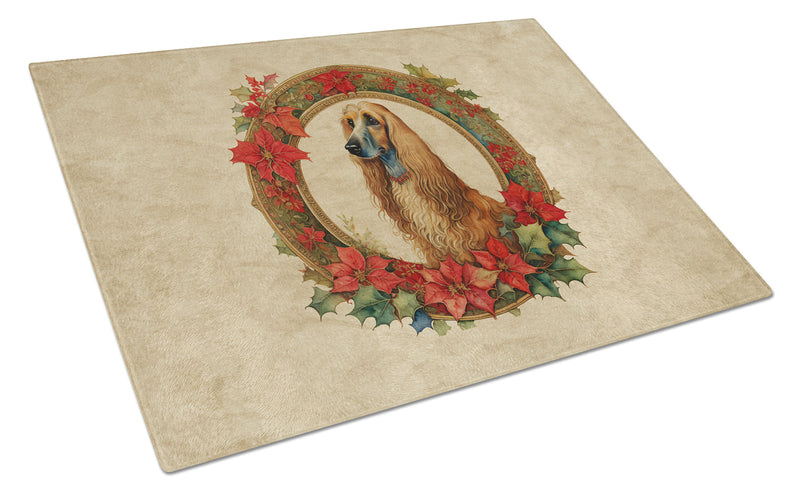 Afghan Hound Christmas Flowers Glass Cutting Board