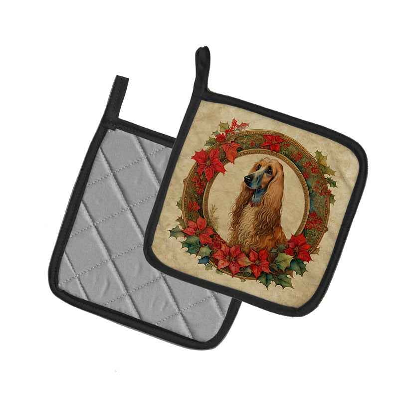 Afghan Hound Christmas Flowers Pair of Pot Holders