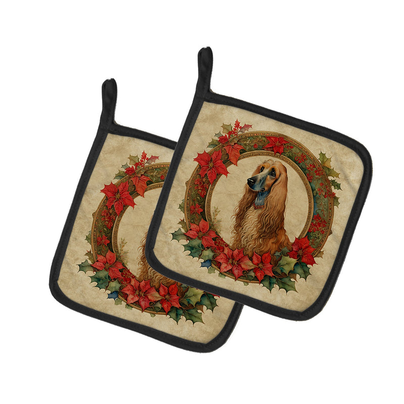 Afghan Hound Christmas Flowers Pair of Pot Holders