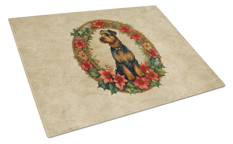 Airedale Terrier Christmas Flowers Glass Cutting Board