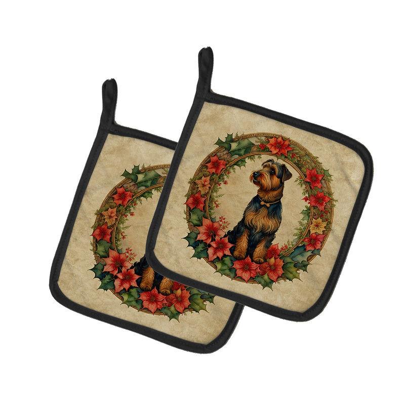 Airedale Terrier Christmas Flowers Pair of Pot Holders