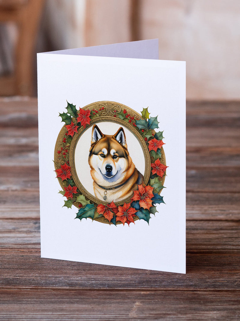 Akita Christmas Flowers Greeting Cards Pack of 8