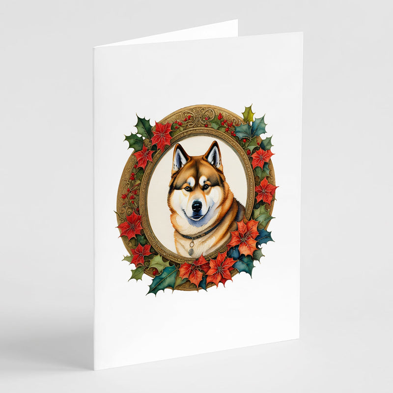 Akita Christmas Flowers Greeting Cards Pack of 8