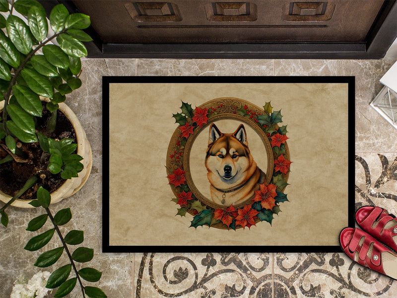 Akita Christmas Flowers Doormat-24x36 Indoor / Outdoor Rug | Made in USA