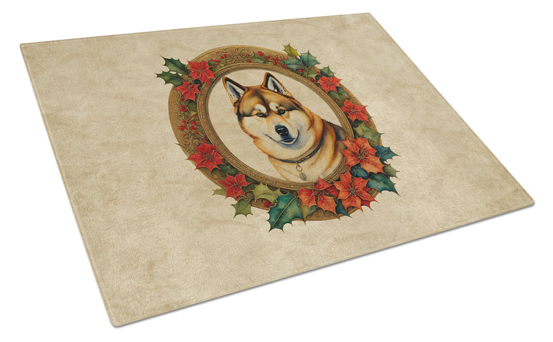 Akita Christmas Flowers Glass Cutting Board