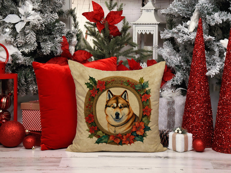 Akita Christmas Flowers Throw Pillow