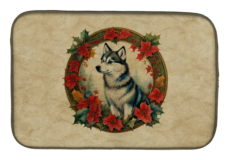 Alaskan Klee Kai Christmas Flowers Dish Drying Mat