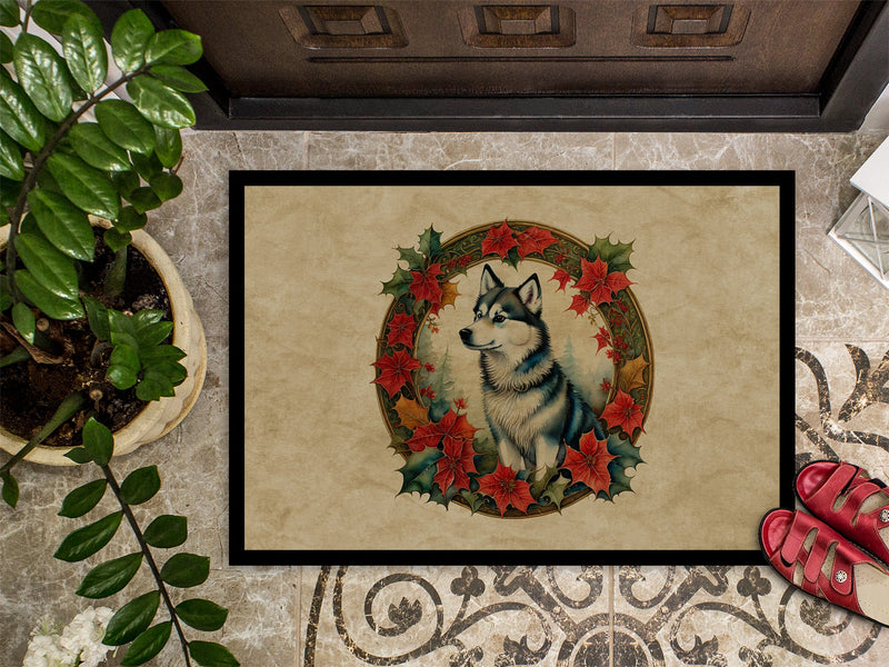Alaskan Klee Kai Christmas Flowers Doormat-24x36 Indoor / Outdoor Rug | Made in USA