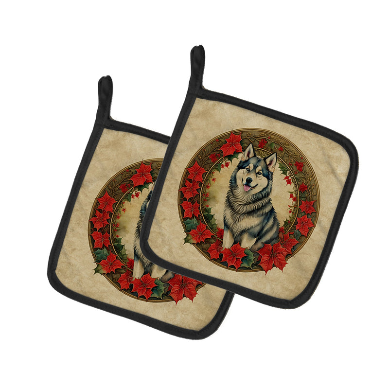 Alaskan Malamute Christmas Flowers Pair of Pot Holders