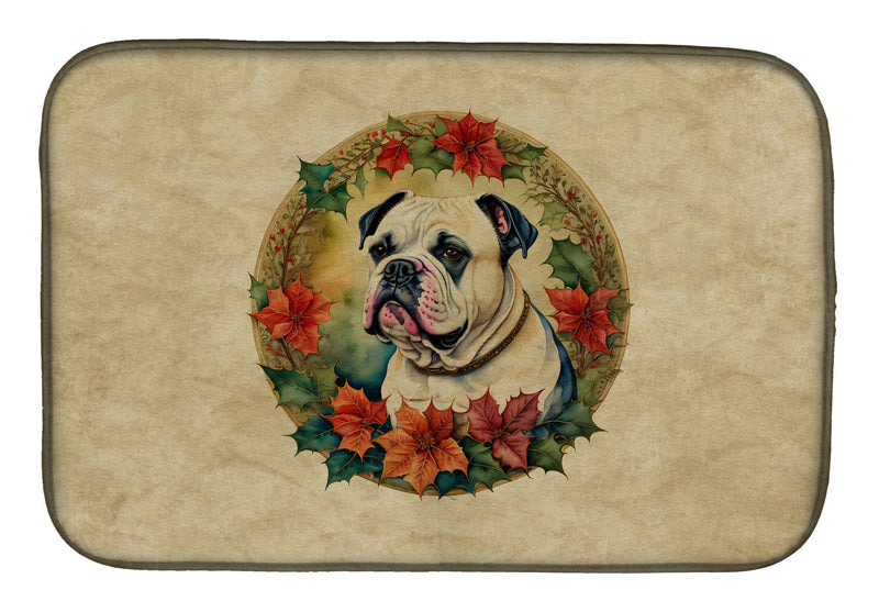 American Bulldog Christmas Flowers Dish Drying Mat