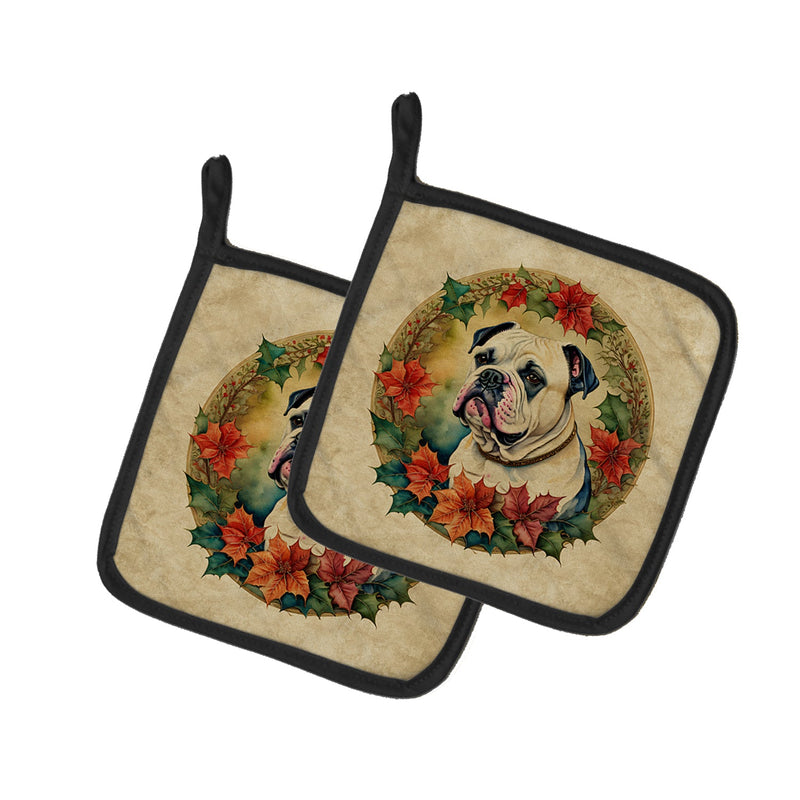 American Bulldog Christmas Flowers Pair of Pot Holders