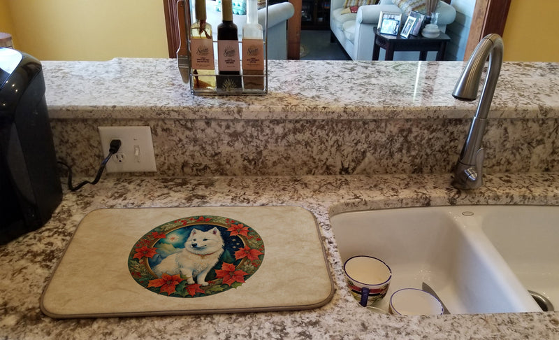 American Eskimo Christmas Flowers Dish Drying Mat