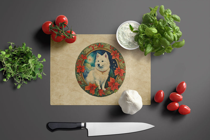 American Eskimo Christmas Flowers Glass Cutting Board