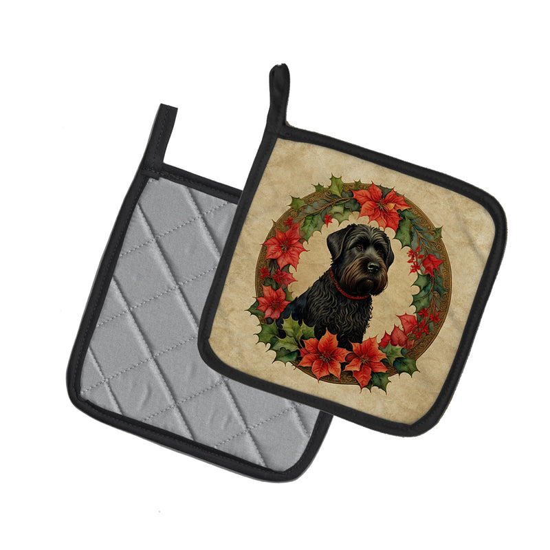 Black Russian Terrier Christmas Flowers Pot Holders - Set of 2 Decorative Kitchen Helpers | Made in the USA