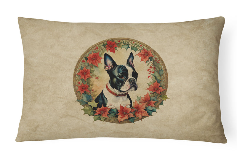 Boston Terrier Christmas Flowers Throw Pillow