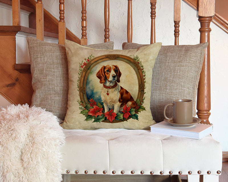 Brittany Spaniel Christmas Flowers Throw Pillow - 14x14 Decorative Pillow – Art for Your Home & Patio