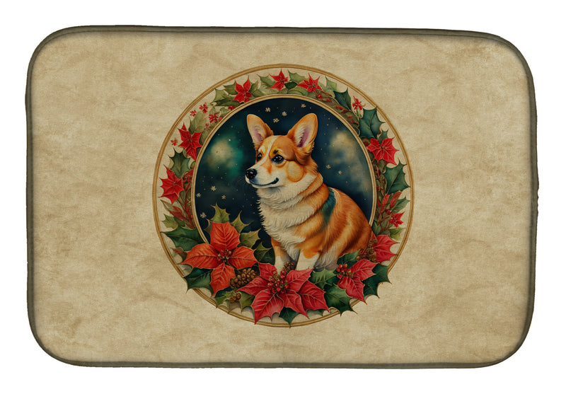 Corgi Christmas Flowers Dish Drying Mat