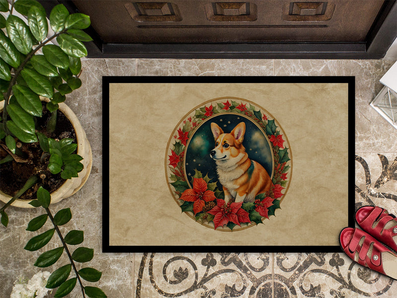 Corgi Christmas Flowers Doormat-24x36 Indoor / Outdoor Rug | Made in USA
