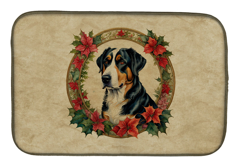 Greater Swiss Mountain Dog Christmas Flowers Dish Drying Mat