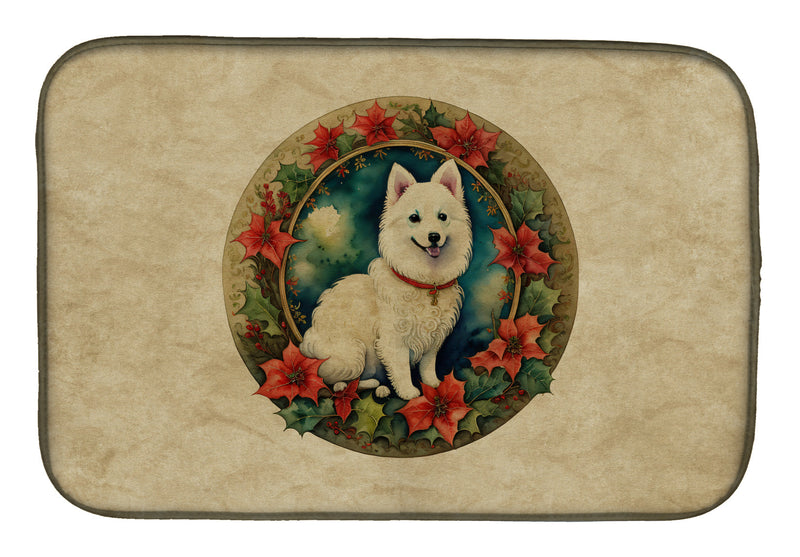 Japanese Spitz Christmas Flowers Dish Drying Mat