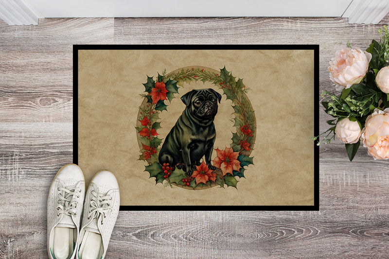 Pug Christmas Flowers Doormat - 18X27 Indoor / Outdoor Rug | Made in USA