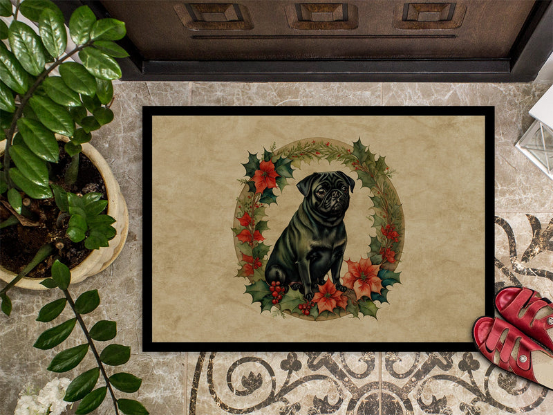 Pug Christmas Flowers Doormat - 18X27 Indoor / Outdoor Rug | Made in USA