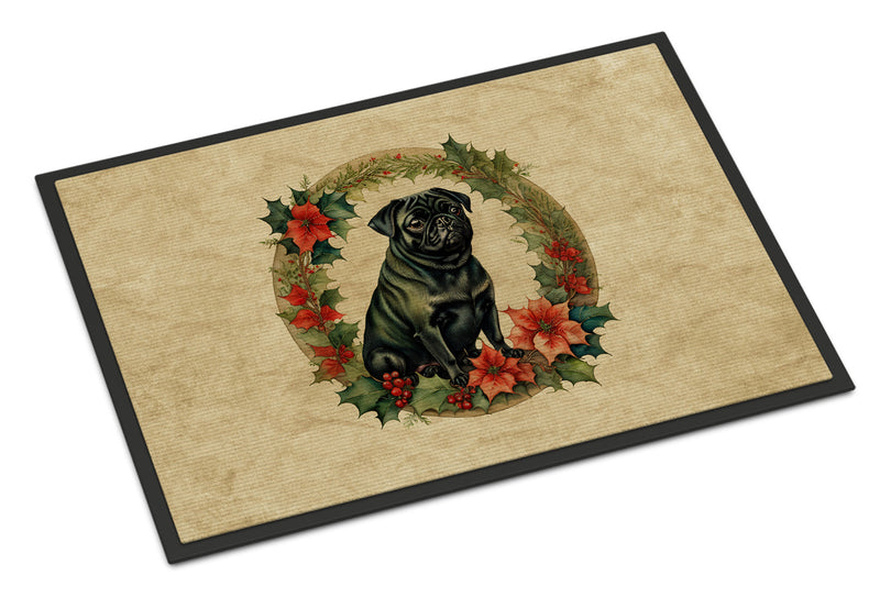 Pug Christmas Flowers Doormat - 18X27 Indoor / Outdoor Rug | Made in USA