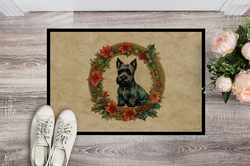 Scottish Terrier Christmas Flowers Doormat-24x36 Indoor / Outdoor Rug | Made in USA