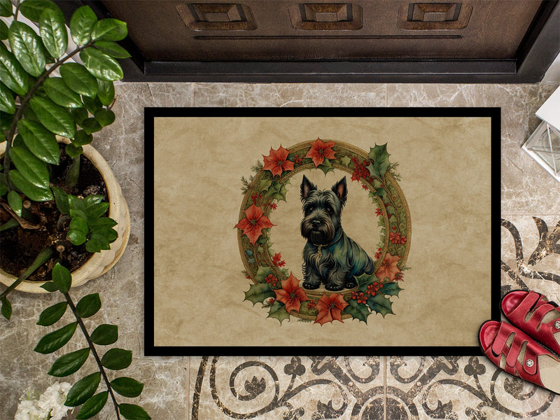Scottish Terrier Christmas Flowers Doormat-24x36 Indoor / Outdoor Rug | Made in USA