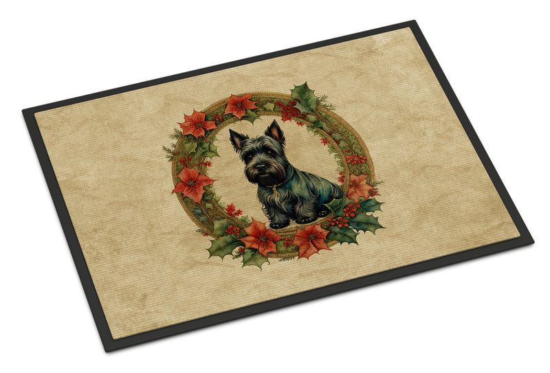 Scottish Terrier Christmas Flowers Doormat-24x36 Indoor / Outdoor Rug | Made in USA