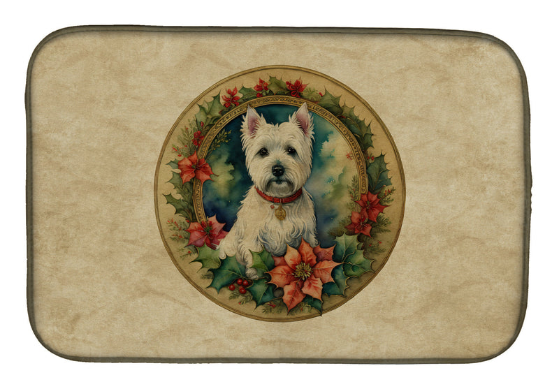 Westie Christmas Flowers Dish Drying Mat