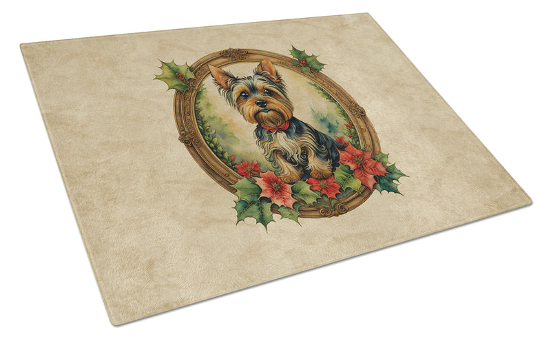 Yorkie Christmas Flowers Glass Cutting Board