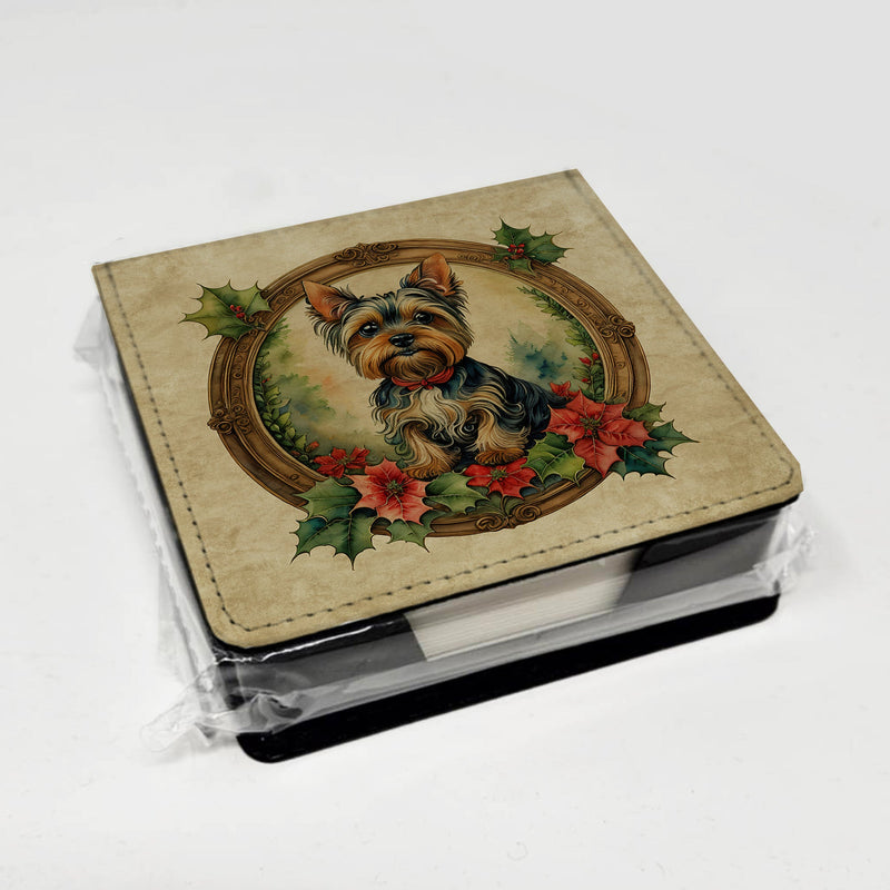 Yorkie Christmas Flowers PU Leather Note Paper Holder