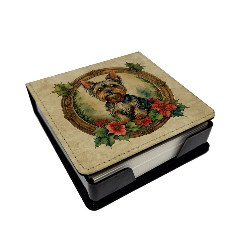 Yorkie Christmas Flowers PU Leather Note Paper Holder