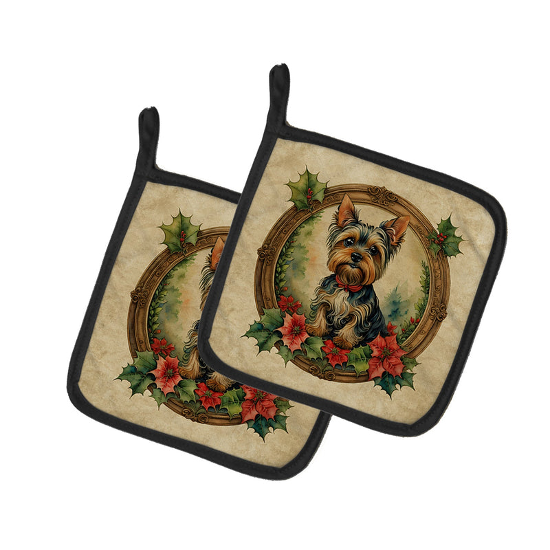 Yorkie Christmas Flowers Pair of Pot Holders