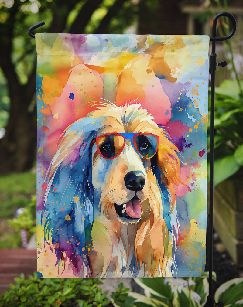 Afghan Hound Hippie Dawg Garden Flag – Retro Dog with Sunglasses & Multicolored Background