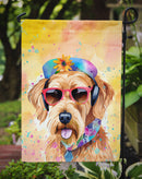 Airedale Terrier Hippie Dawg Garden Flag – Retro Dog with Sunglasses & Multicolored Background