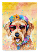 Airedale Terrier Hippie Dawg Garden Flag – Retro Dog with Sunglasses & Multicolored Background