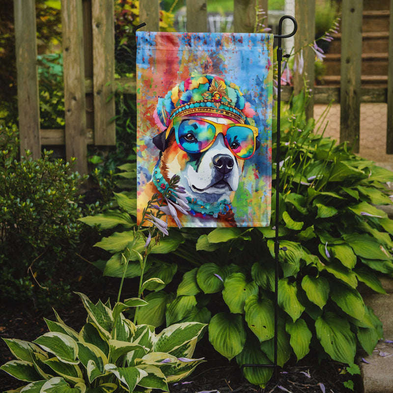 Akita Hippie Dawg Garden Flag – Retro Dog with Sunglasses & Multicolored Background